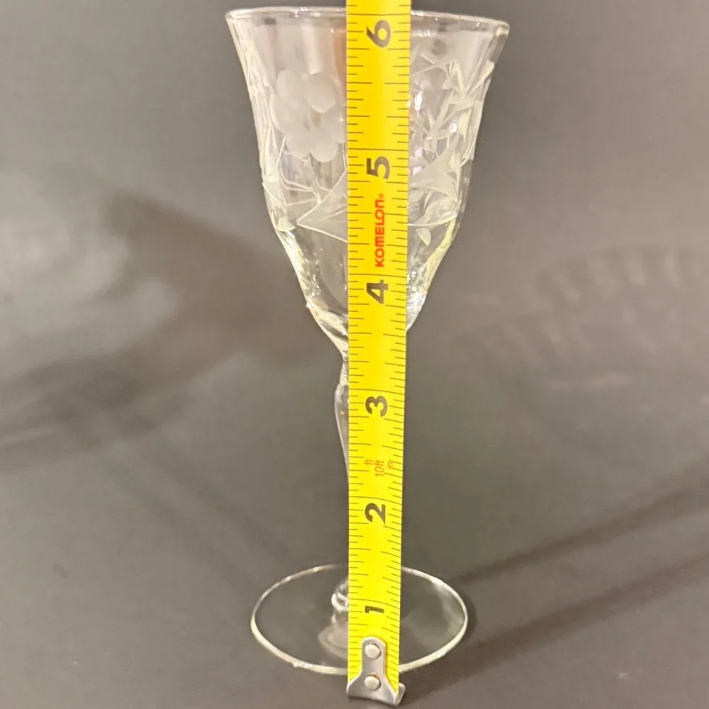 Vintage Gray Cut Floral Wheat Crystal Cordial Aperitif Glasses Set of 3 Clear